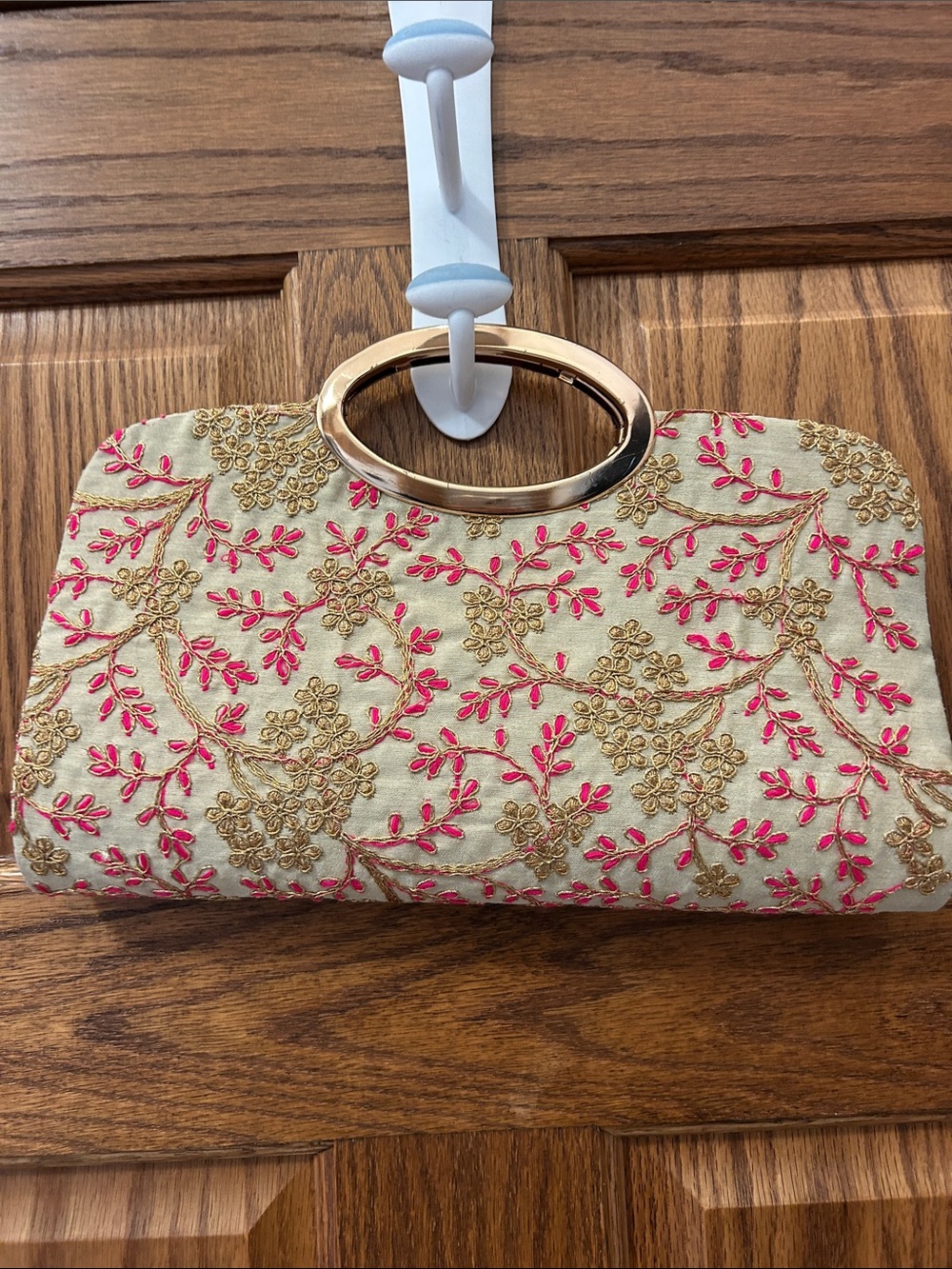 Vintage Embroidered Ivory and Pink Evening Clutch with Gold Handle